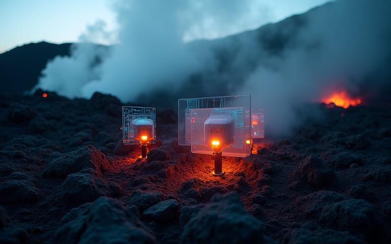 High-temperature sensors deployed on a volcanic landscape, digitally enhanced