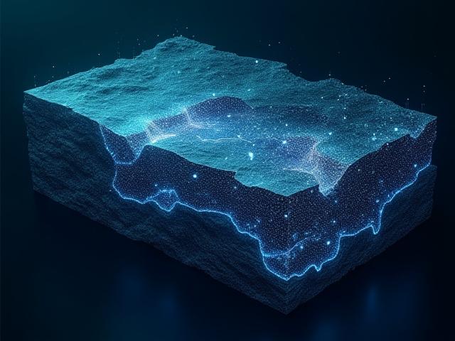 An abstract visualization of quantum computing principles applied to a subsurface geological model, with glowing nodes and complex data flows.